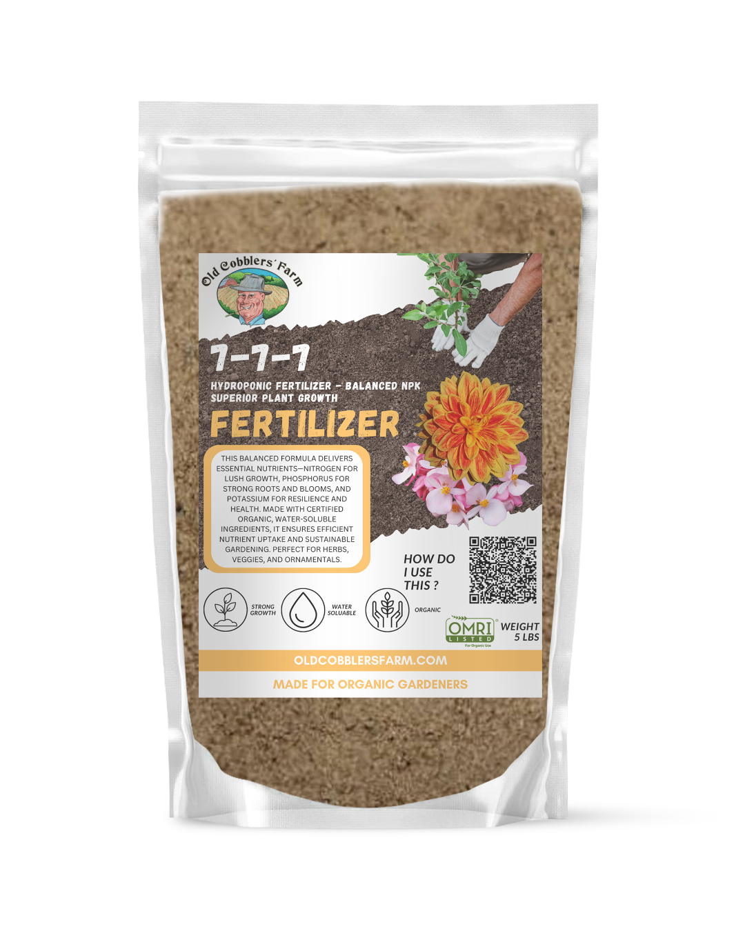 Organic 7-7-7 Hydroponic Fertilizer - Balanced NPK Superior Plant Growth 5lb by Old Cobblers Farm